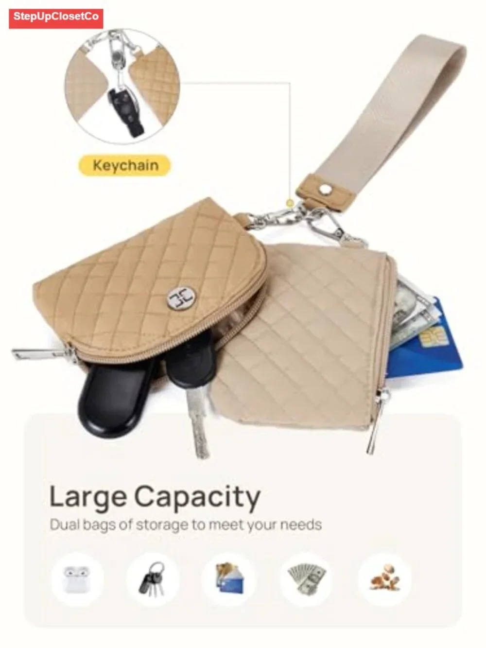 Canvas Quilted Wristlet Wallet with Detachable Keychain Coin Purse Dual Pouch